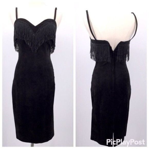 Unique vintage Pia Rucci black suede leather dress 6 BoxD heavily beaded Midi - Picture 7 of 7